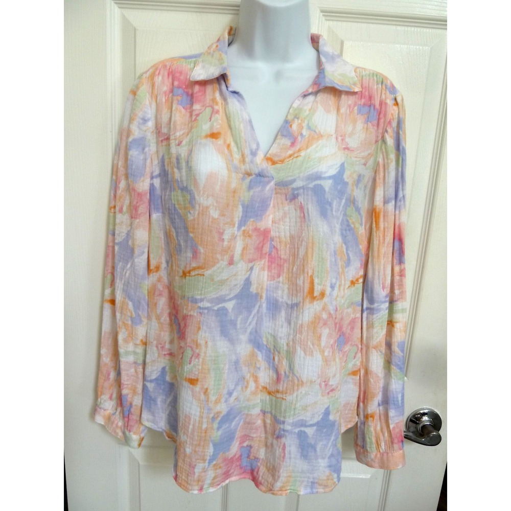 CHICO'S Sz 1=Med. Gauzy Watercolor Pullover Blouse Cotton Beachy Lightweight